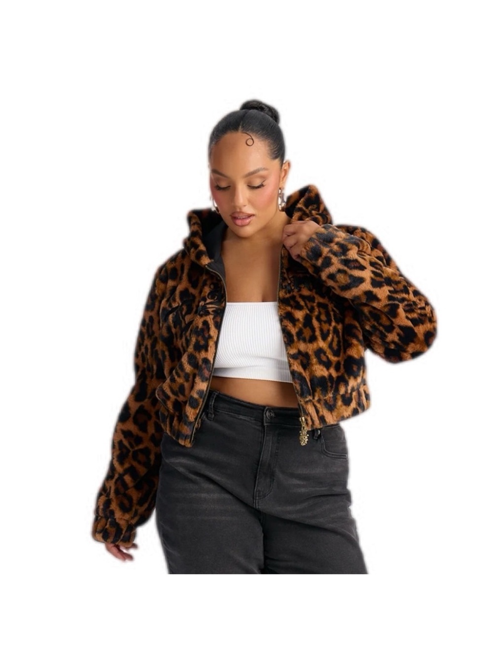 Ed Hardy Brown Leopard Faux Fur Cropped Jacket with Hood